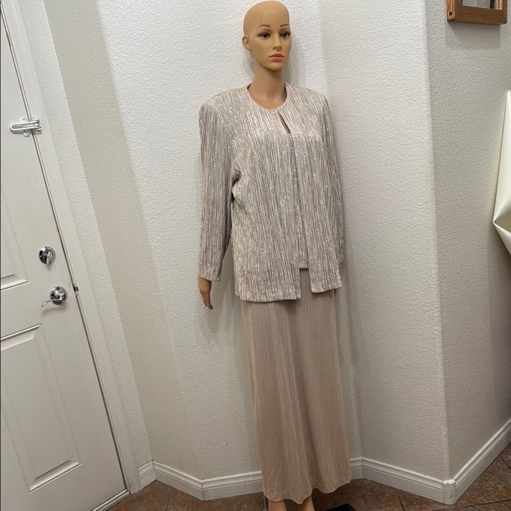 David's Bridal Cream Tan Gold Silver Maxi Dress & Long Sleeve Jacket Side Slit